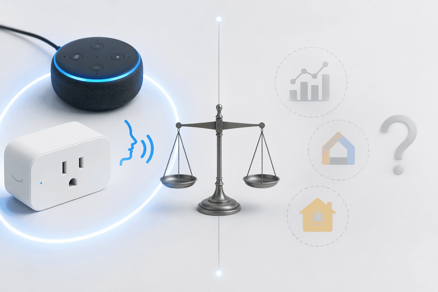 Flat-lay comparison of Amazon Smart Plug convenience against missing energy monitoring, Google Home, and Apple HomeKit support