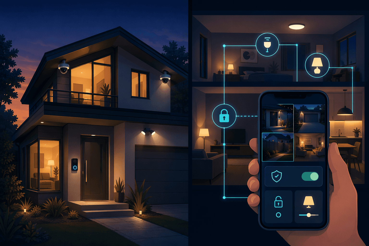 Split illustration: left side shows a modern house at dusk with security cameras, video doorbell, and motion lights; right side shows a smartphone dashboard with live camera feeds, arm/disarm status, and connected device icons linked by glowing lines.