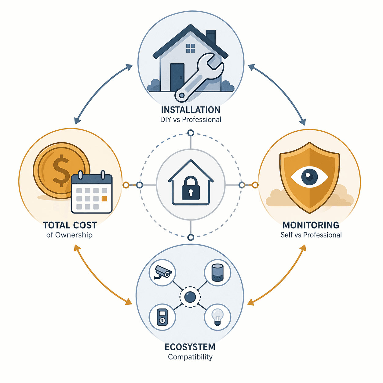 Four connected smart home security decisions shown as installation, monitoring, compatibility, and cost icons