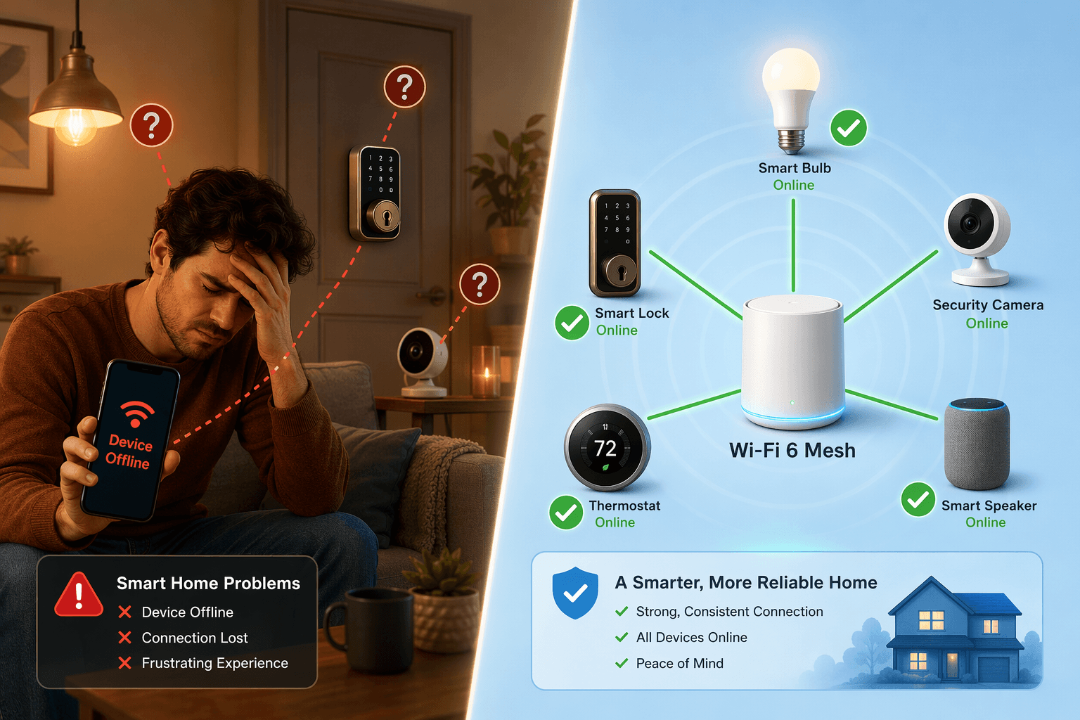 Split composition: left side shows a frustrated person on a couch holding a phone with 'Device Offline,' red dashed lines and question marks near a bulb, lock, and camera; right side shows a clean network diagram with a router labeled 'Wi-Fi 6 Mesh' radiating solid green lines to smart device icons each marked 'Online.' Warm amber left, cool blue right.