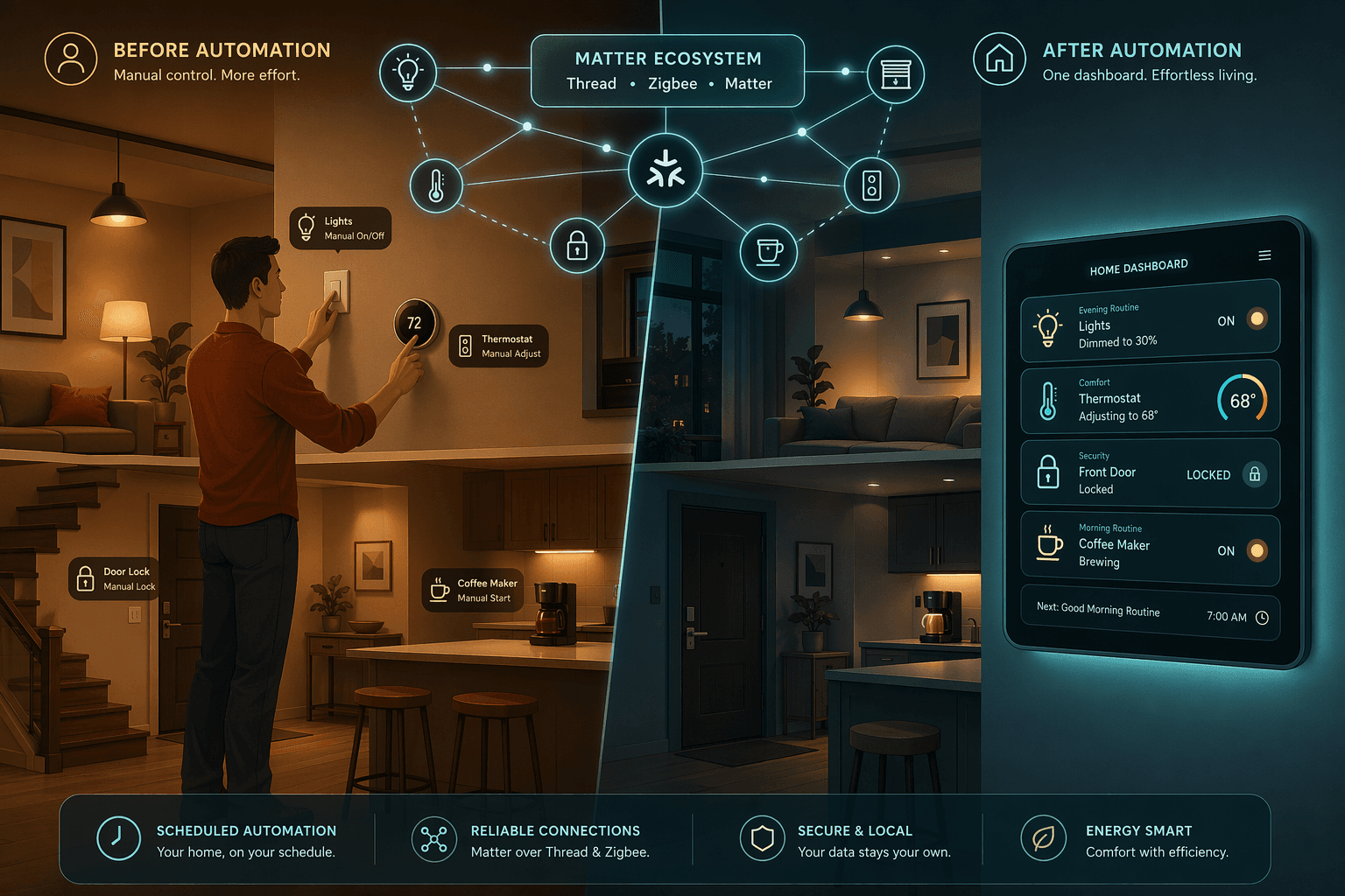Split-view illustration of a home interior: manual operation on the left, automated routines on the right with a dashboard and network overlay.