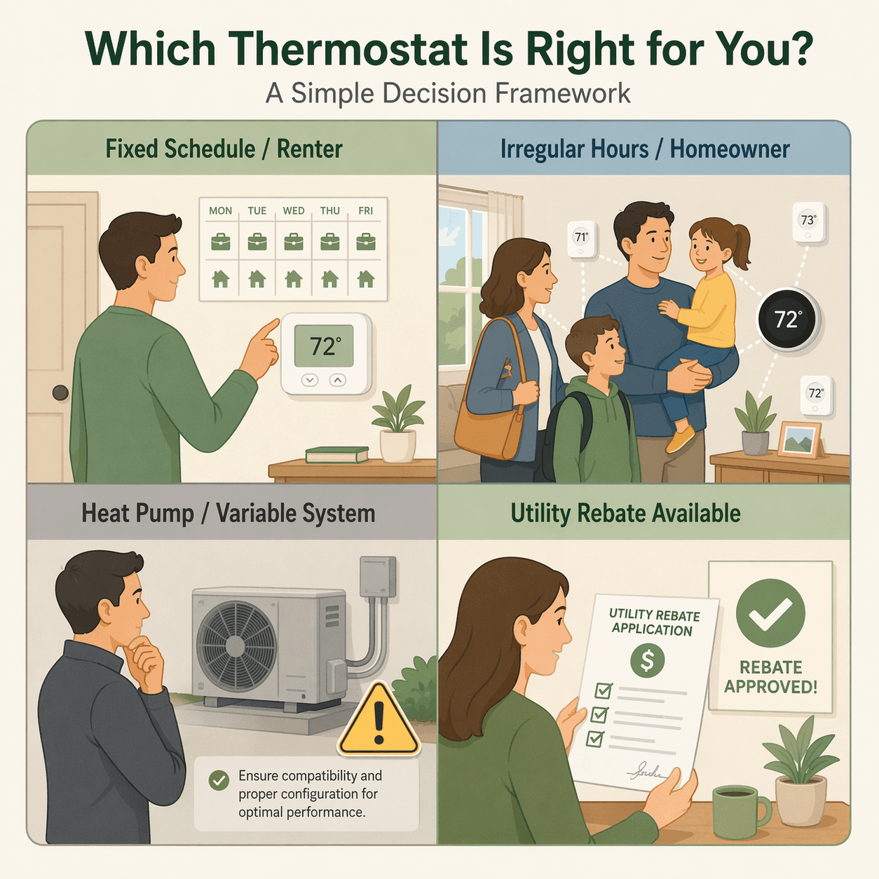 2x2 decision matrix for thermostat choice. Top-left quadrant shows a person with a fixed daily schedule next to a simple thermostat; top-right quadrant shows a family with varying schedules near sensor icons; bottom-left quadrant shows a person beside a heat pump with a caution symbol; bottom-right quadrant shows a person reviewing a utility rebate form with a checkmark.