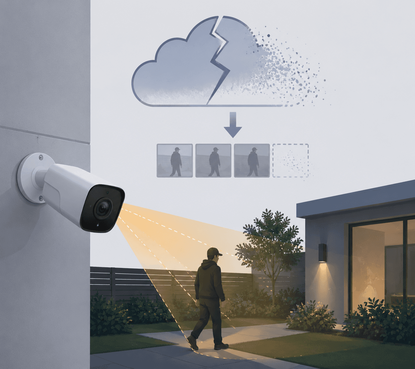 Security camera with a cracked cloud icon and fading recordings