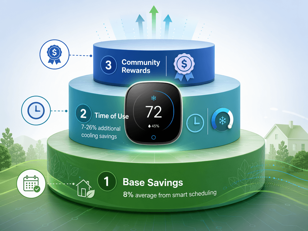 Stacked savings layers showing smart scheduling, Time of Use optimization, and Community Energy Savings rewards