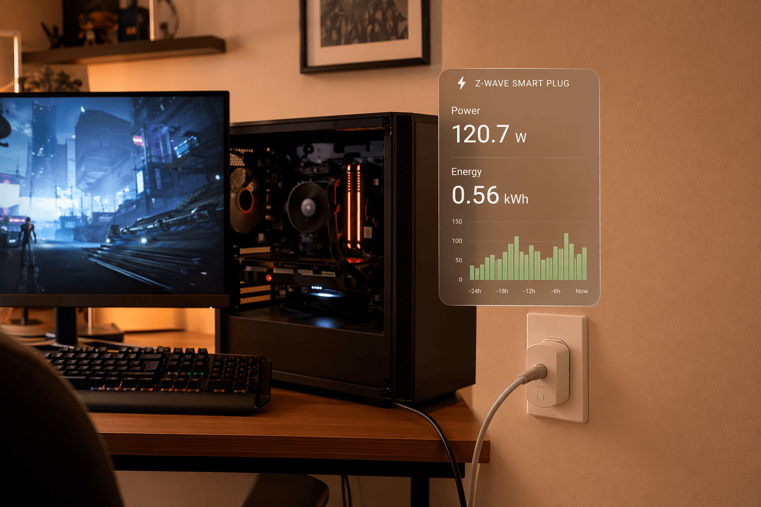 Gaming PC connected through a Z-Wave smart plug with energy consumption readout