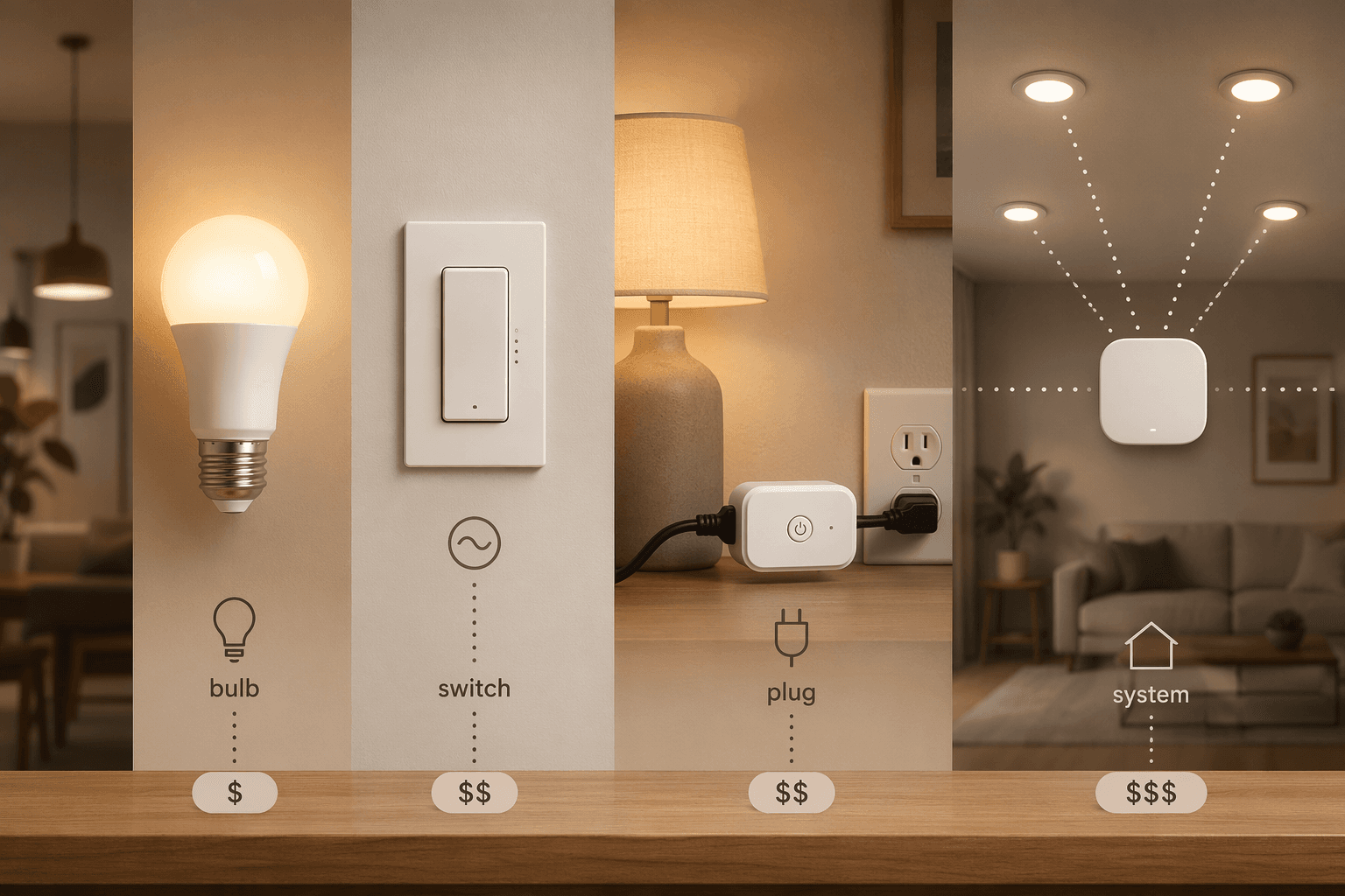 Four smart lighting approaches: bulb, switch, plug, and whole-home system