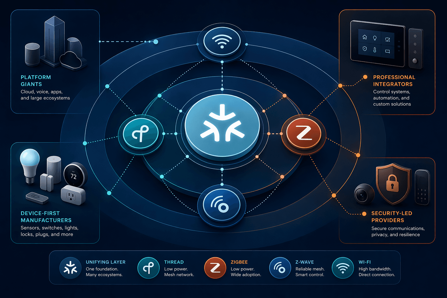 Protocol diagram with Matter at the center and Thread, Zigbee, Z-Wave, and Wi-Fi around it, connected to different smart home company types