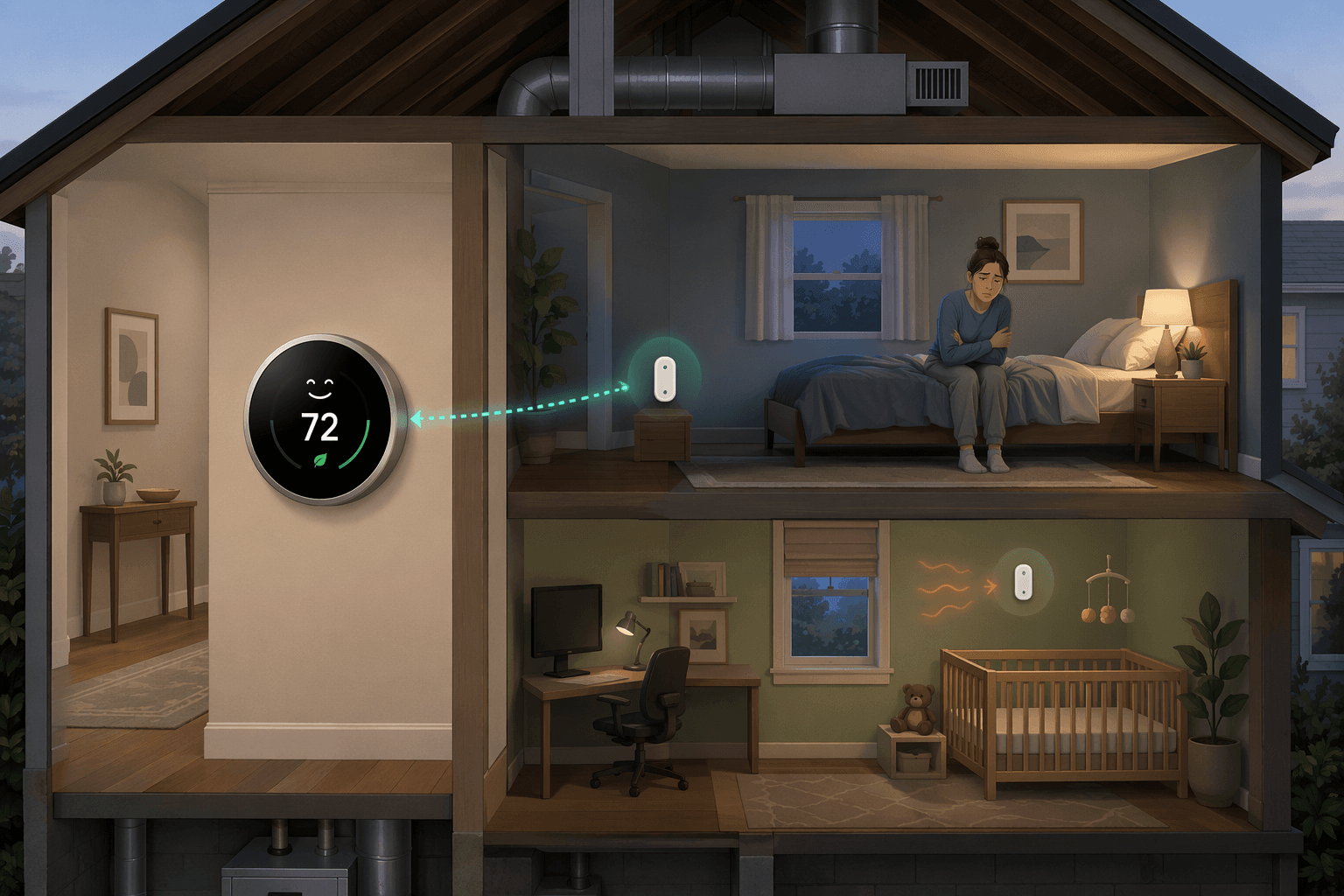 House cross-section showing a hallway thermostat reading 72 degrees while a bedroom sensor reports the occupied room temperature