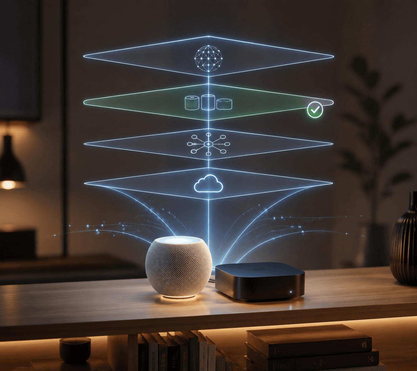 HomePod mini and Apple TV shown as diagnostic layers in a HomeKit setup