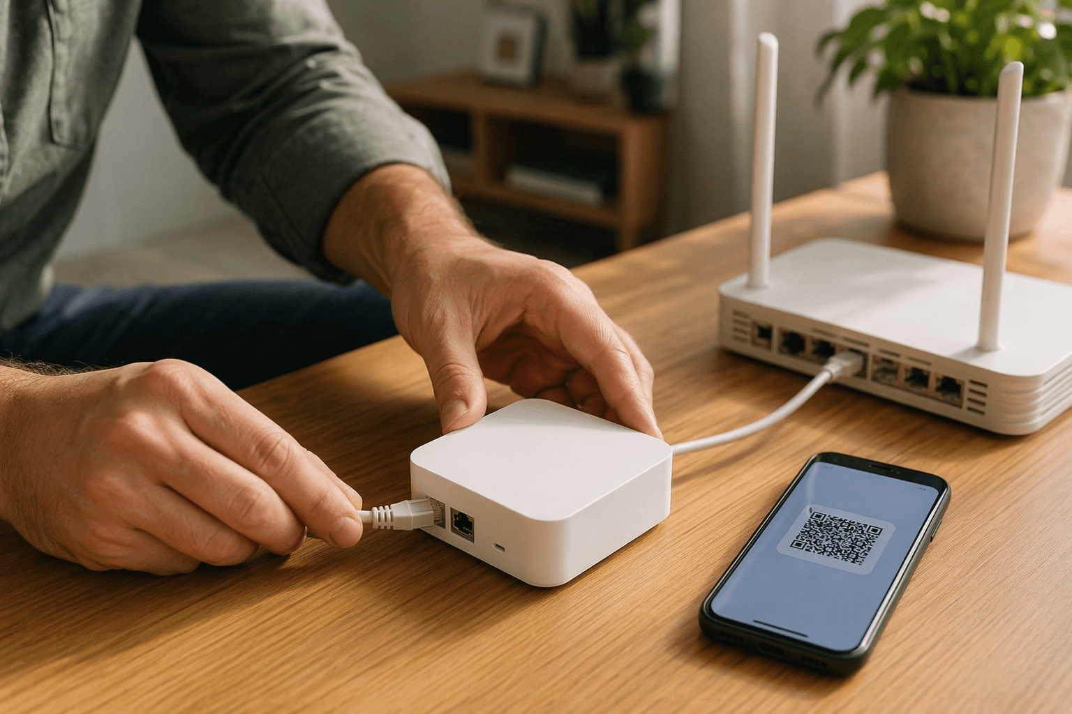 Hands setting up a compact home automation controller beside a router with an Ethernet cable and setup app