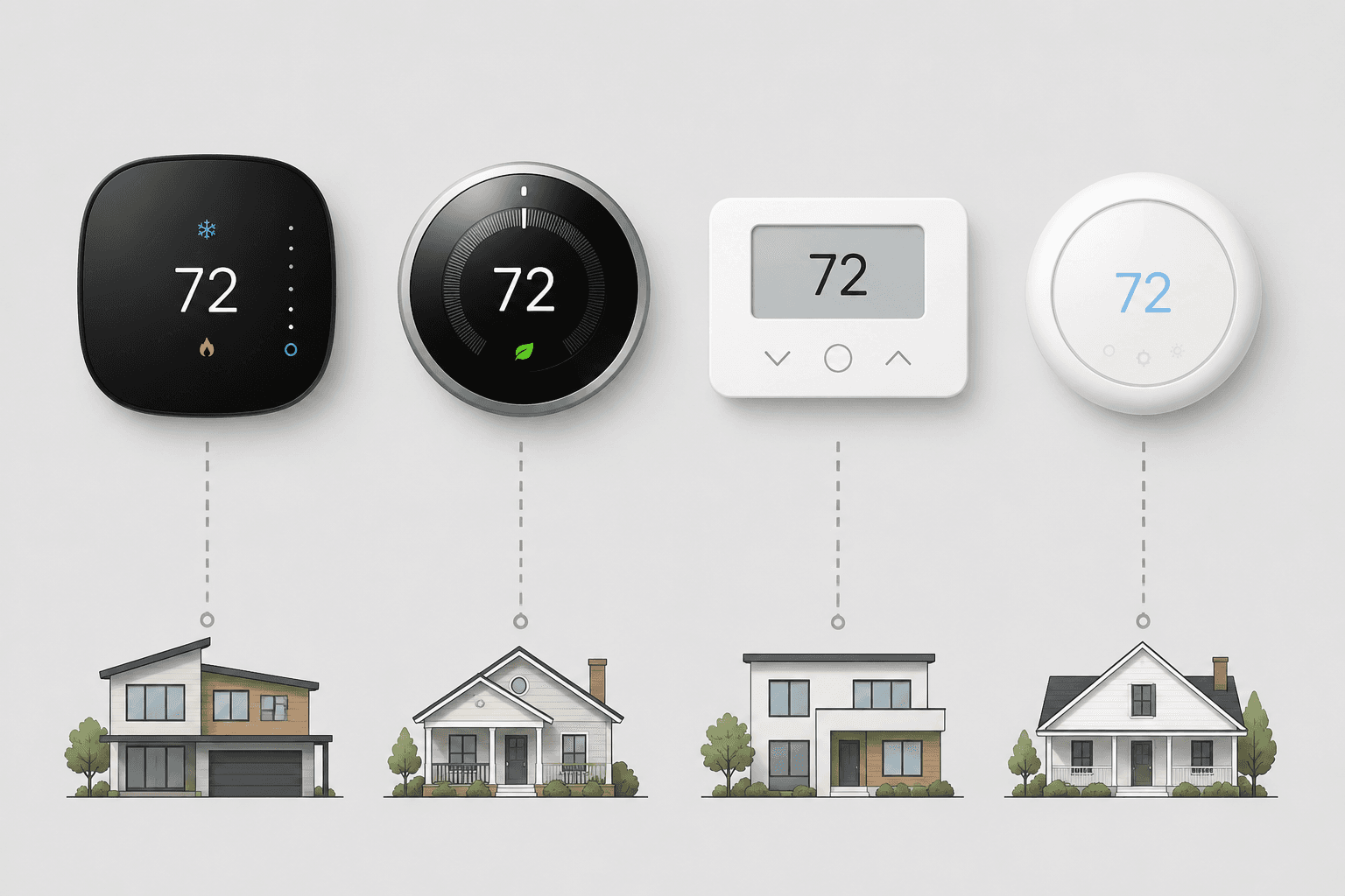 Four smart thermostat faceplates connected to home icons to show different household fits