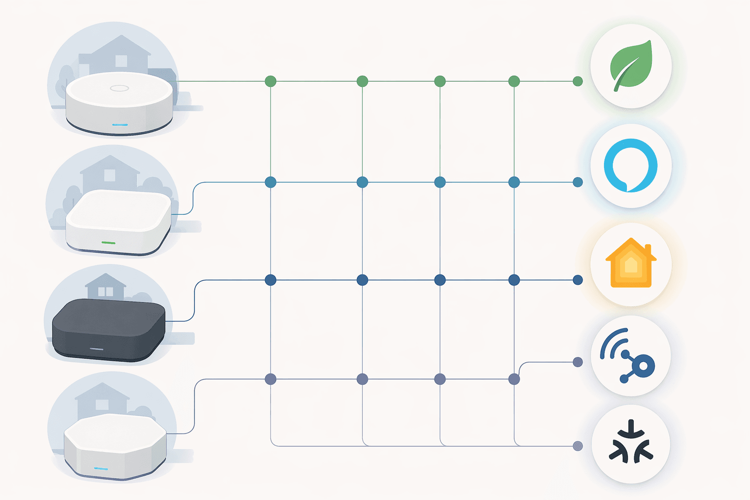 Compatibility map linking smart home security hubs to major platform and interoperability icons