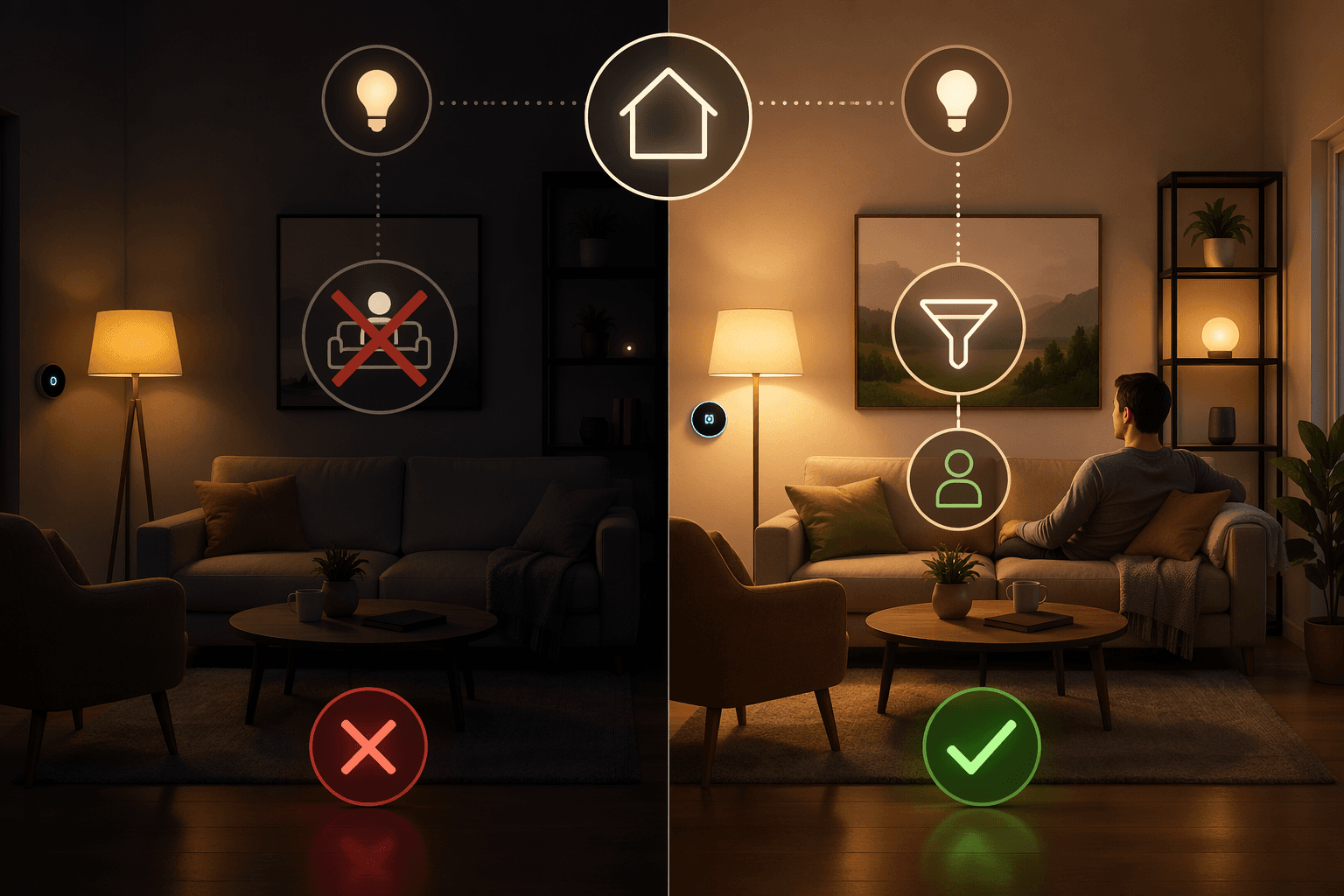 Empty smart home room with an automation firing incorrectly beside a conditional smart home scene that checks presence before running