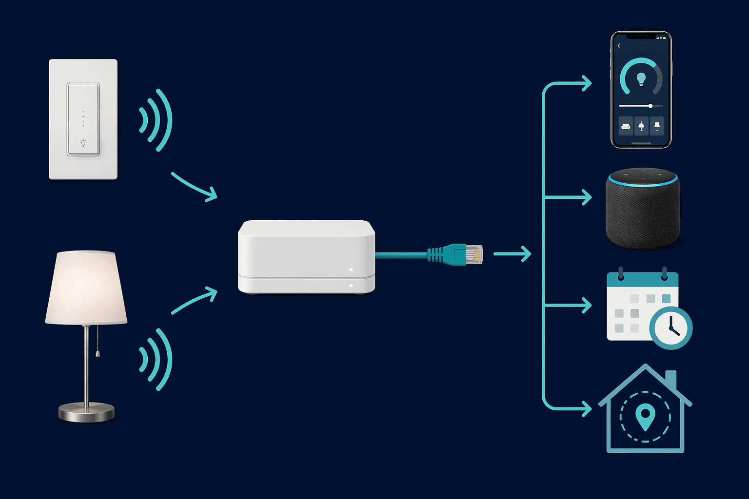 System diagram showing Caséta devices communicating by radio to a hub, then to app, voice, schedules, and geofencing