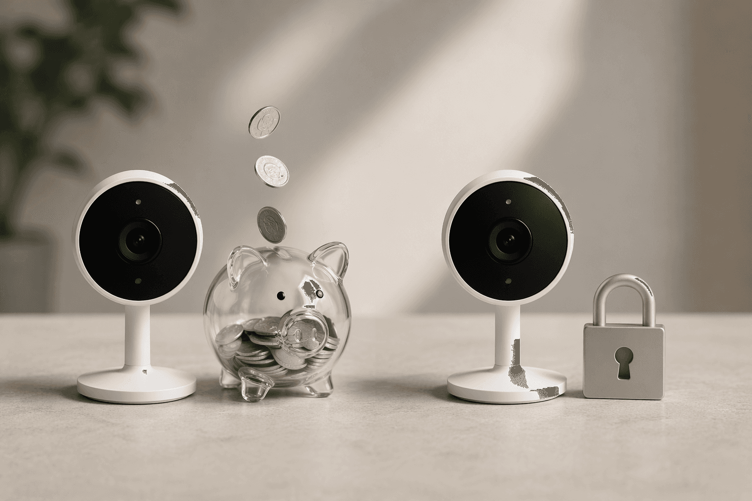 Two security cameras shown side by side, one paired with a piggy bank filling with coins to suggest subscription costs and the other with a closed lock icon to suggest no subscription