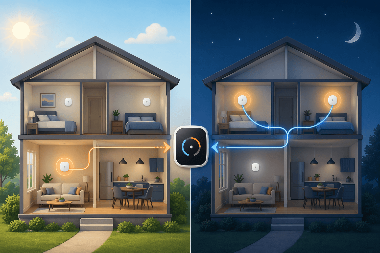 Two-story home illustration showing room sensor prioritization during daytime and nighttime