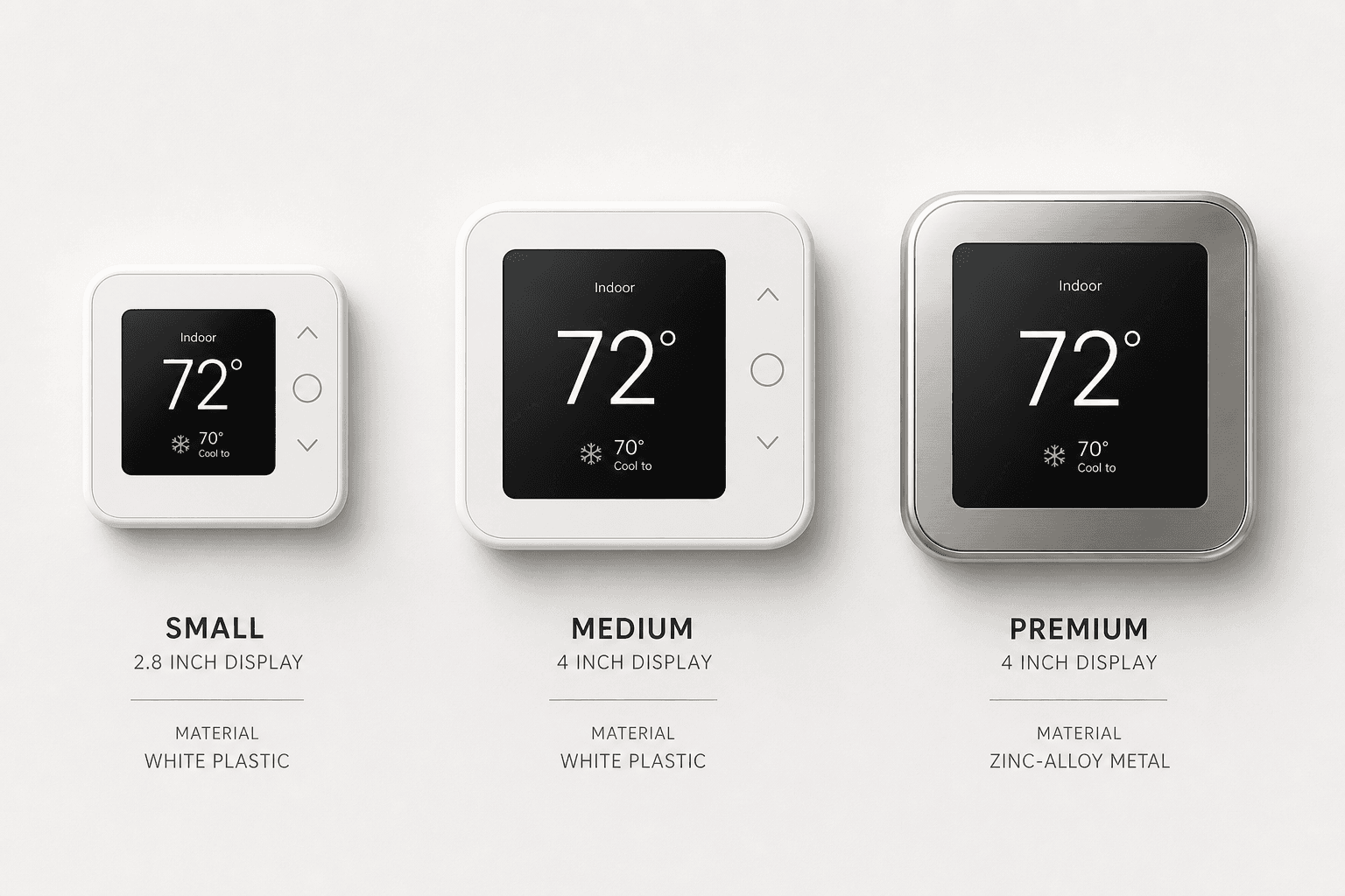 Three Ecobee smart thermostats displayed side by side: Essential, Enhanced, and Premium.