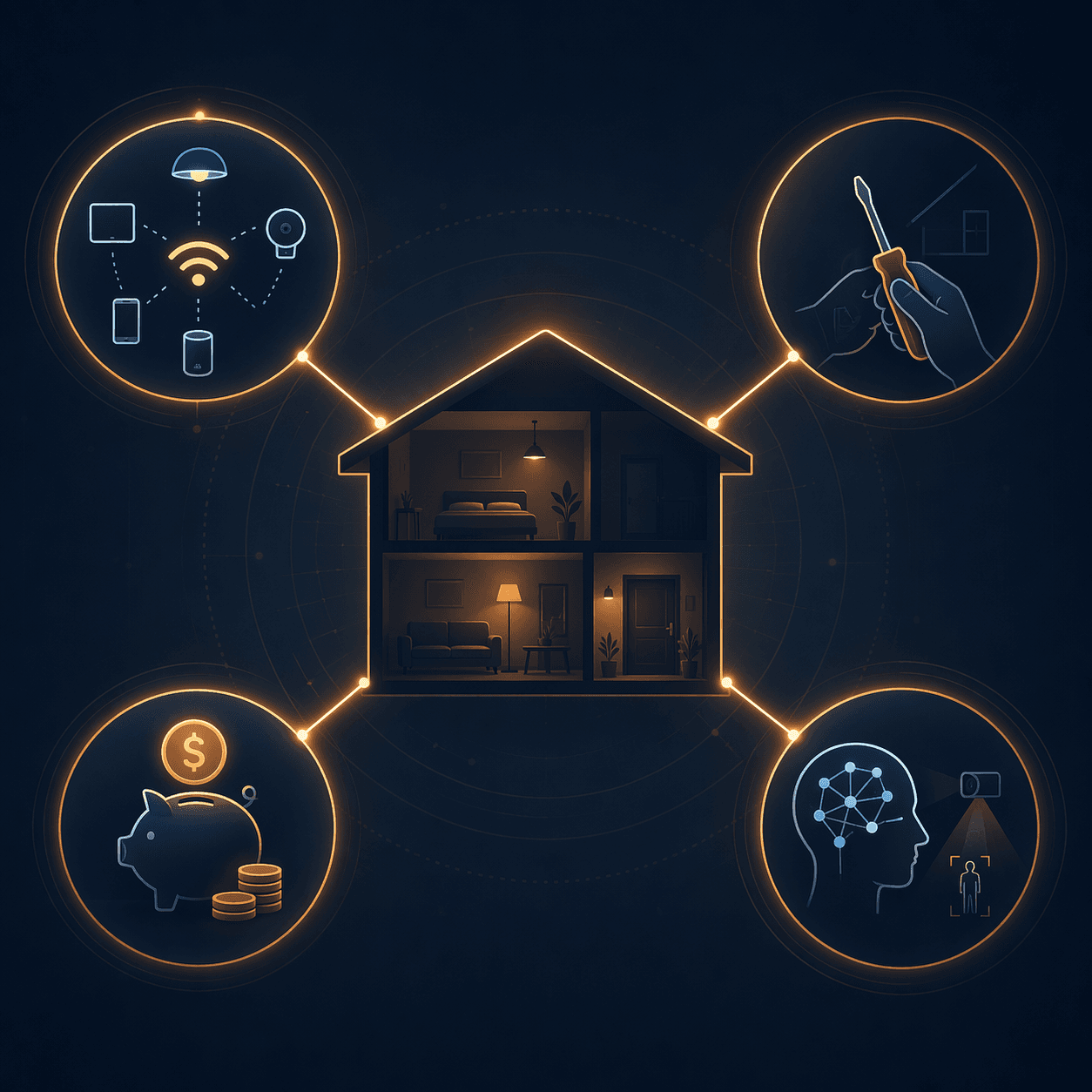 Abstract house surrounded by four decision axes for smart home security