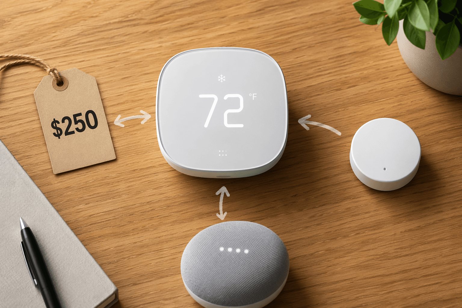 Smart thermostat with a $250 price tag, room sensor, and speaker puck arranged for feature comparison