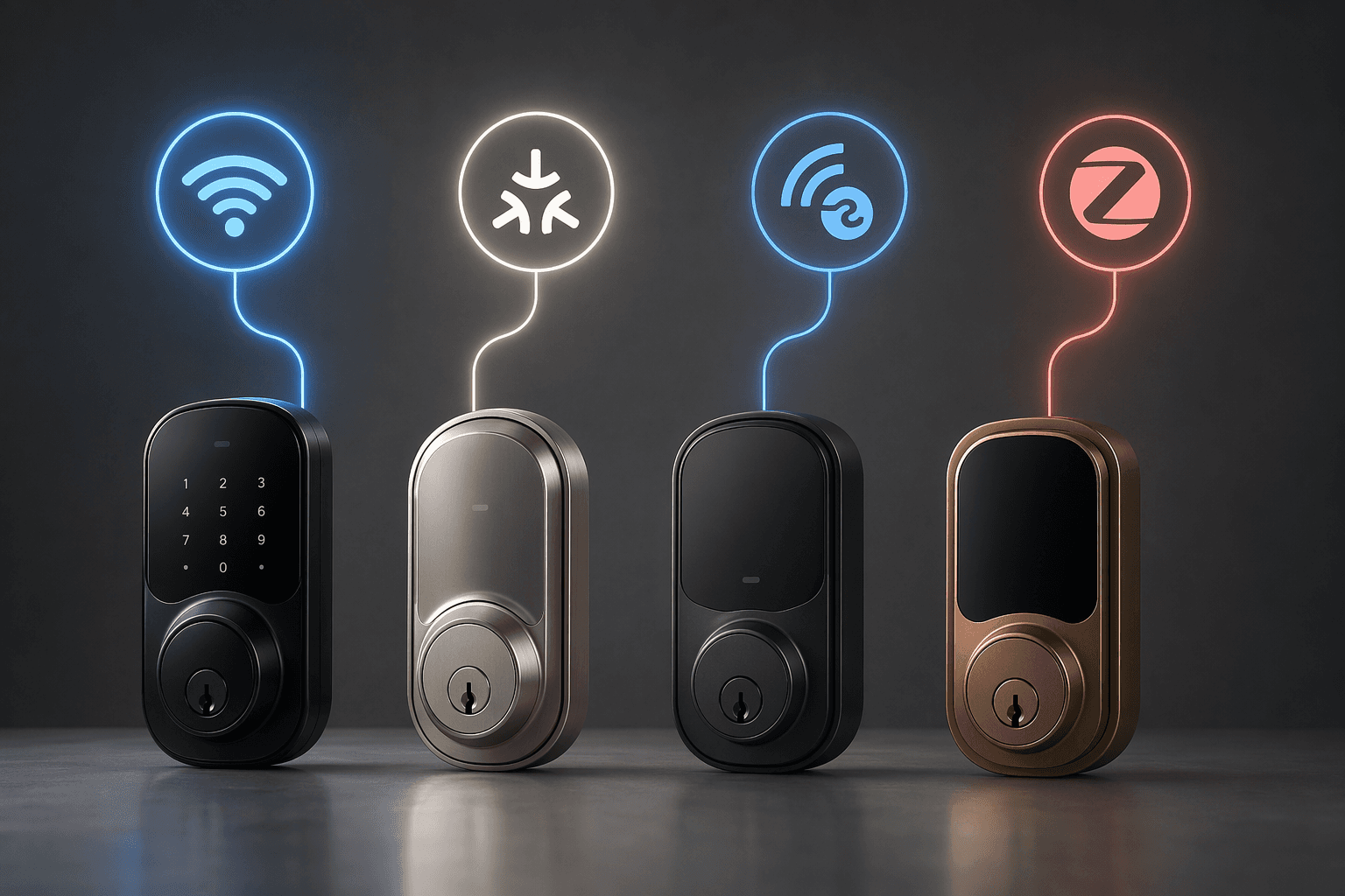 Multiple smart lock deadbolts shown with Wi-Fi, Thread Matter, Z-Wave, and Zigbee protocol icons