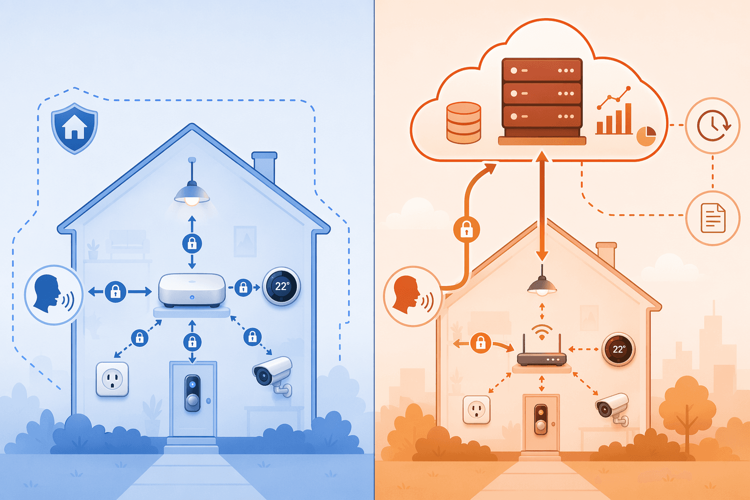 Diagram comparing local-first smart home processing with cloud-dependent processing