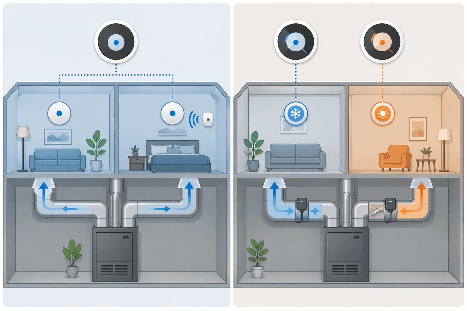 Comparison of single-zone HVAC with remote sensors and zoned HVAC with duct dampers allowing separate temperature control