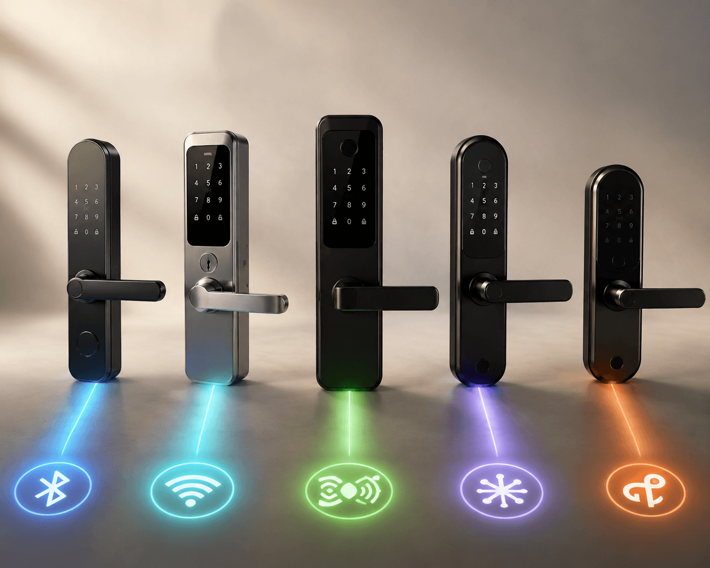 Five smart locks arranged as different wireless protocol paths