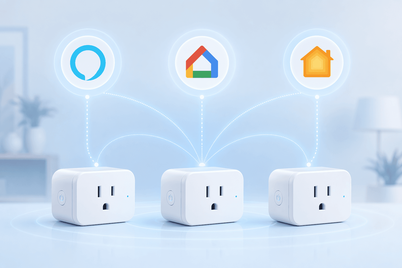 Three smart plugs connected to multiple glowing smart home platform symbols