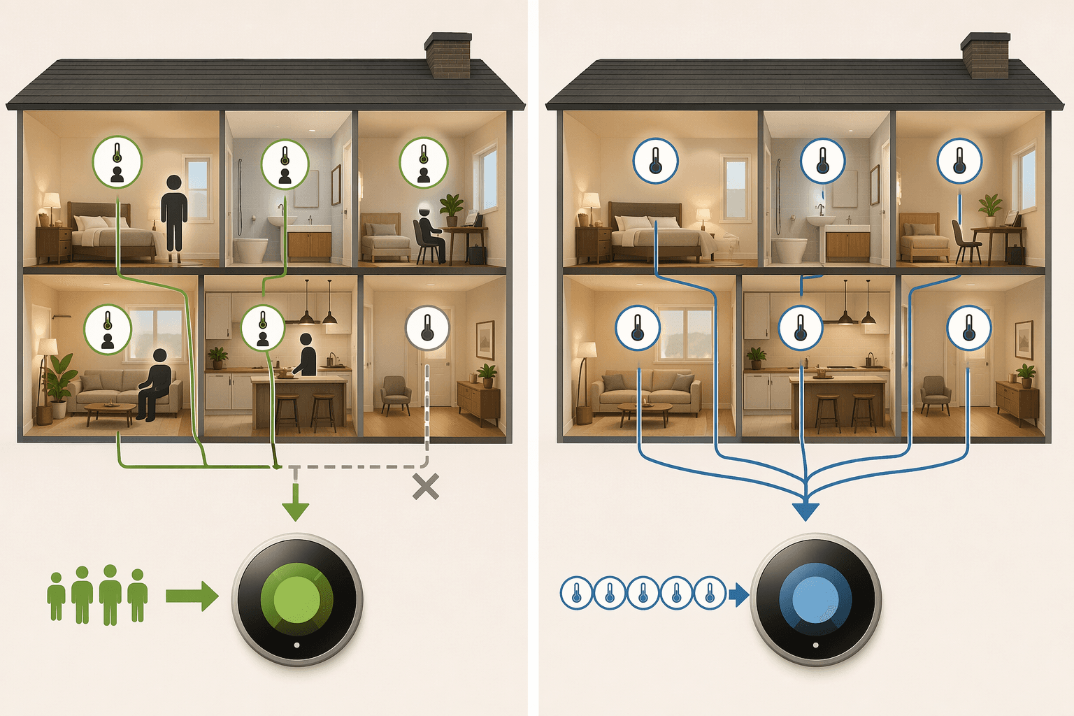 Comparison illustration showing occupancy-aware remote sensors sending occupied-room data and temperature-only sensors sending room readings without occupancy context