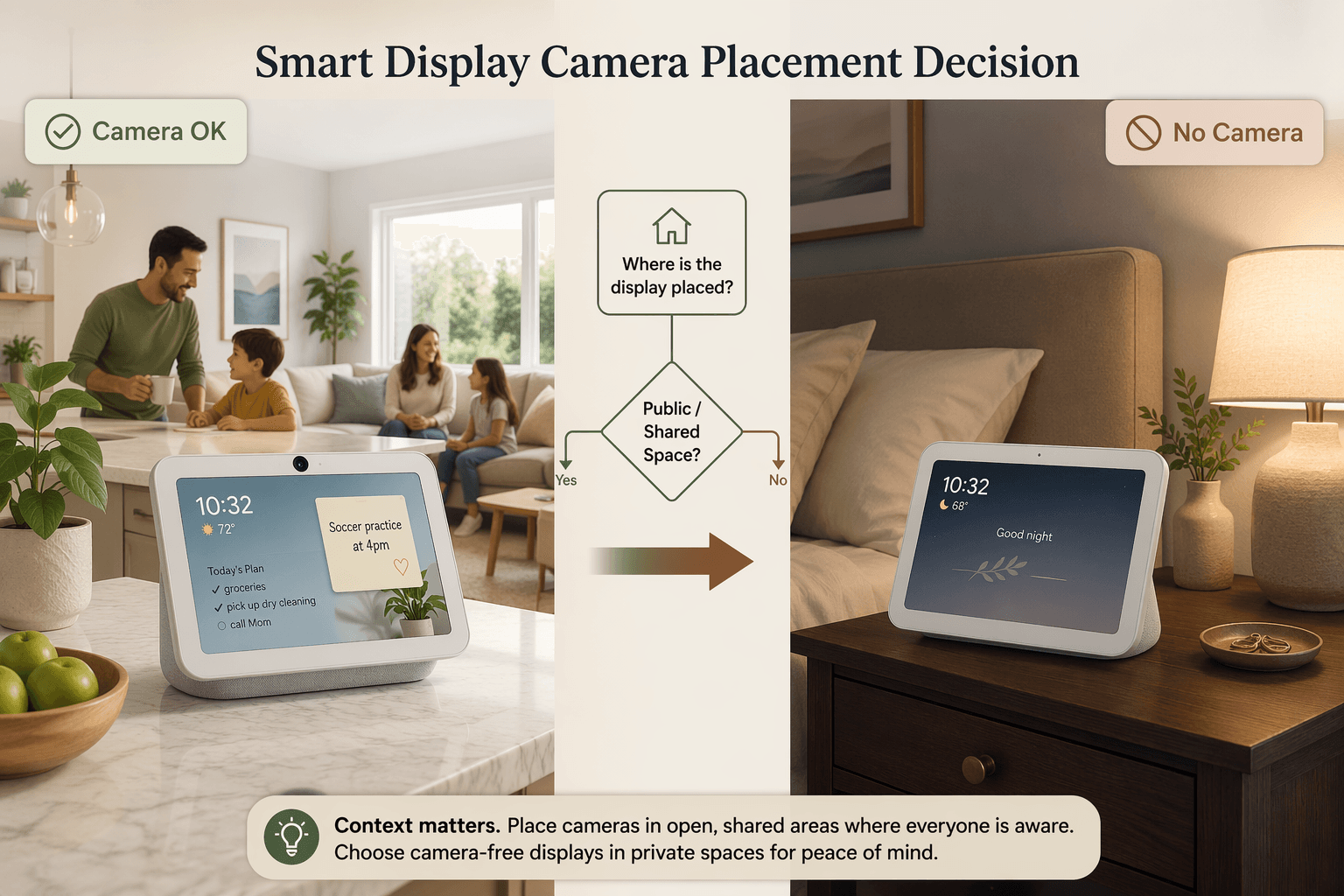Comparison of a smart display with a visible camera in a kitchen and a camera-free display on a bedroom nightstand