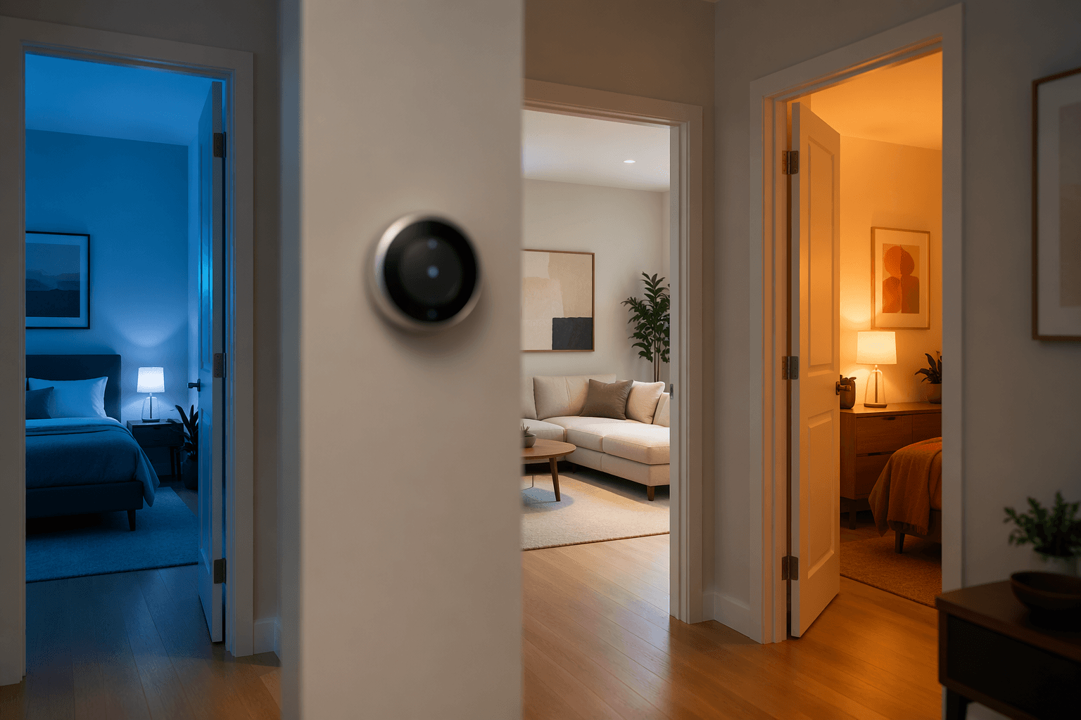 Thermostat in a hallway with nearby rooms shown as warmer and cooler