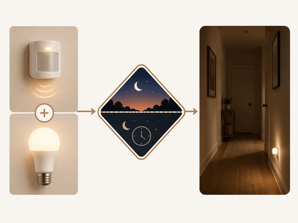 Motion sensor trigger flowing through a time-of-day condition to a dim hallway nightlight action