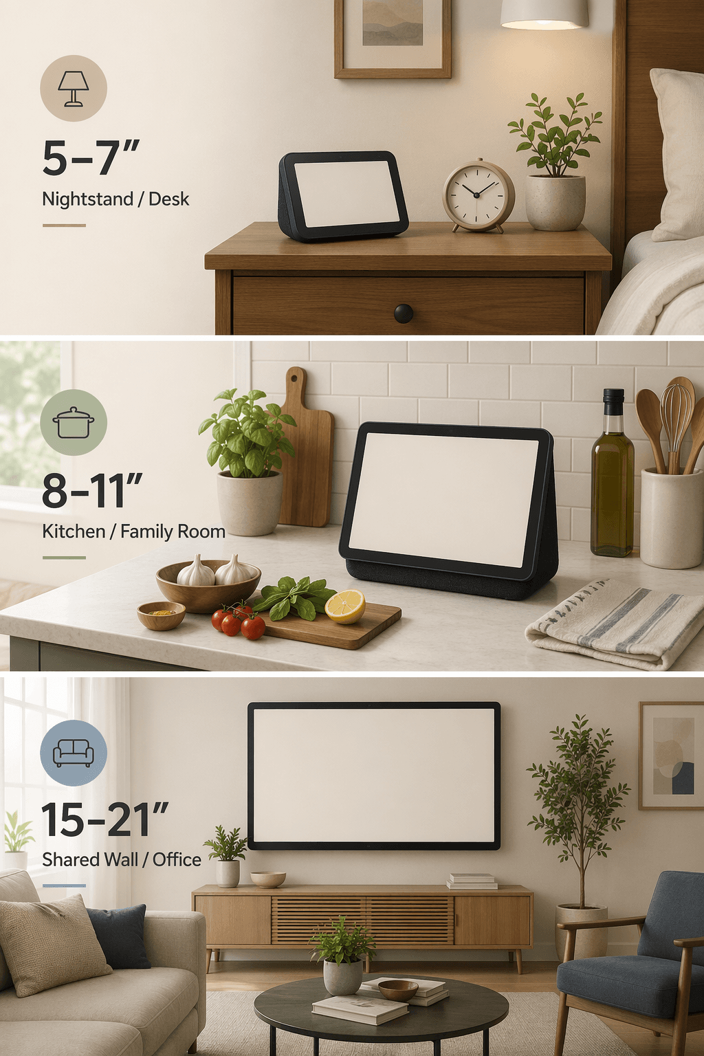 Infographic showing 5 to 7 inch, 8 to 11 inch, and 15 to 21 inch smart display placements