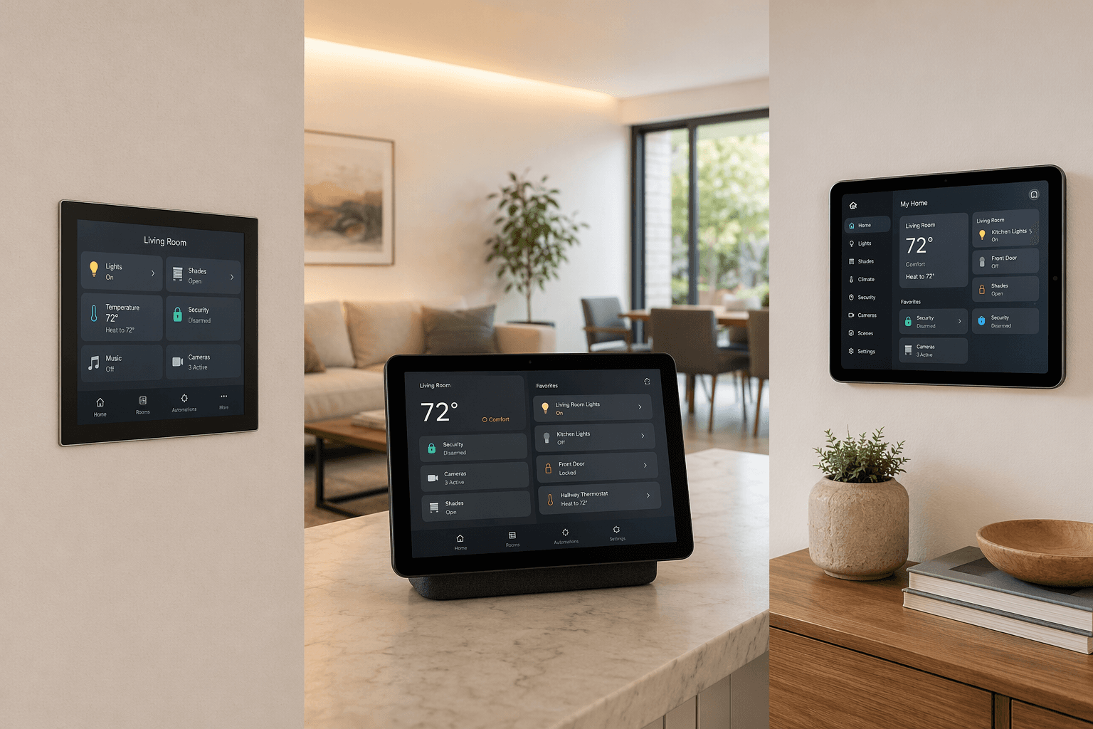 Three smart home control panel types side by side: a dedicated wall panel, a countertop smart display, and a wall-mounted tablet dashboard