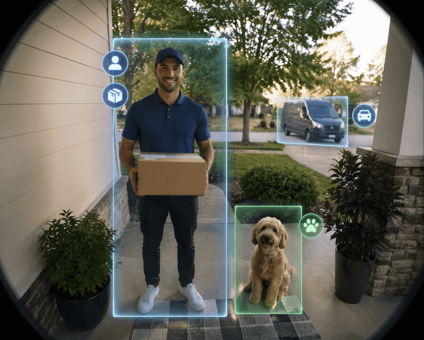 Front porch scene viewed through a security camera lens with subtle AI detection overlays. A glowing bounding box highlights a person holding a package at the door, with a smaller box around a pet dog. A vehicle in the driveway has a faint highlight.