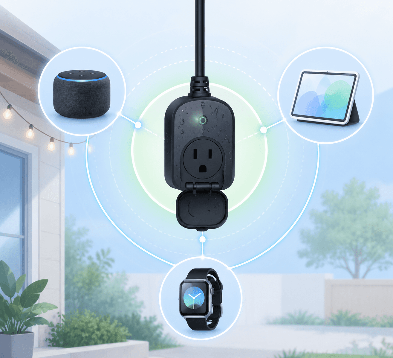 An outdoor smart plug connected to a voice speaker, tablet, and smartwatch across smart home platforms