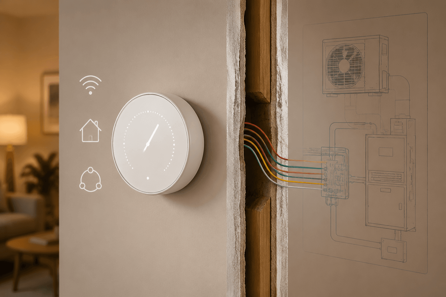 Smart thermostat on a wall with wiring and HVAC system context