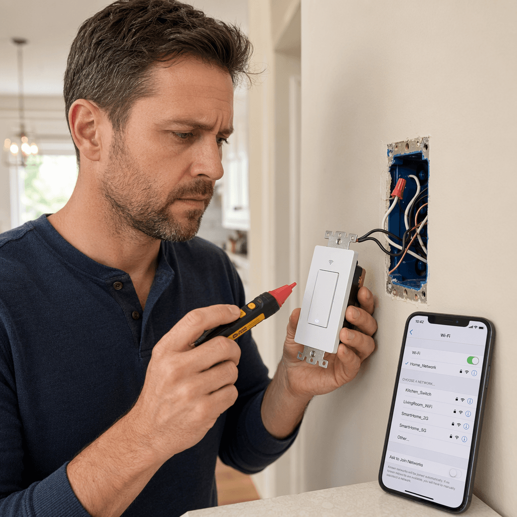 Homeowner checking an open switch box with a smart WiFi switch, voltage tester, and phone nearby