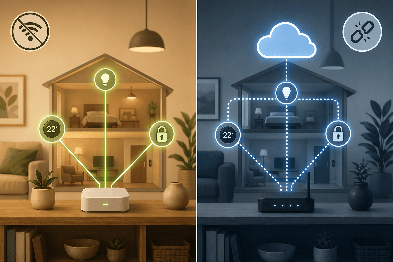 Local-processing smart home hub contrasted with a cloud-dependent smart home setup