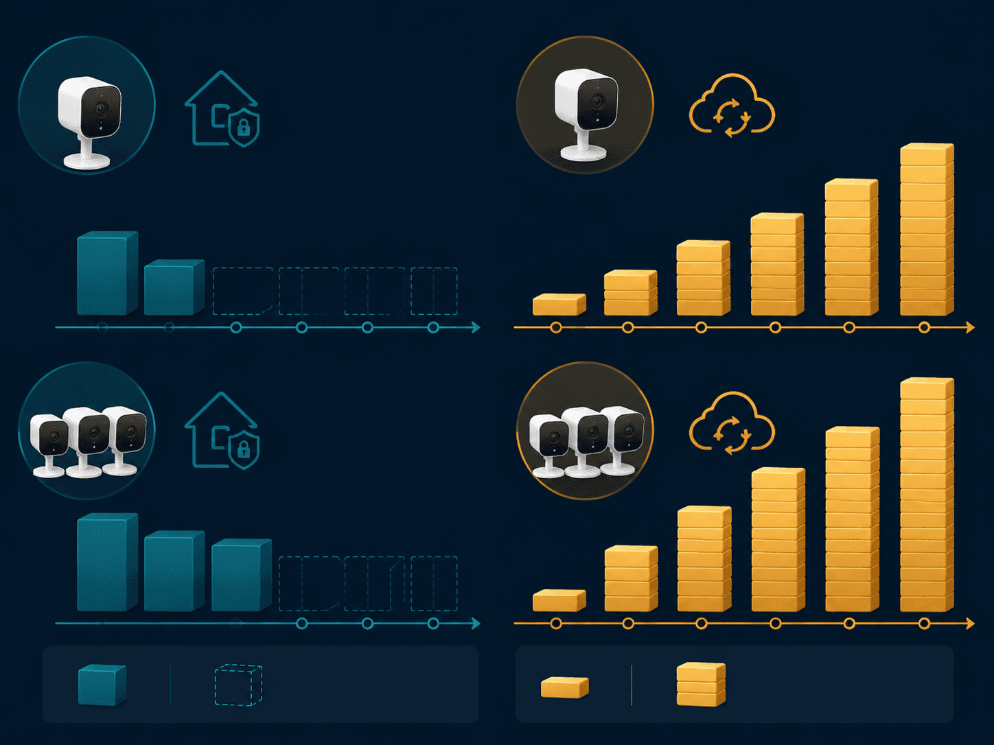 Cost comparison between one-time local storage hardware and recurring cloud subscription fees across one-camera and three-camera scenarios