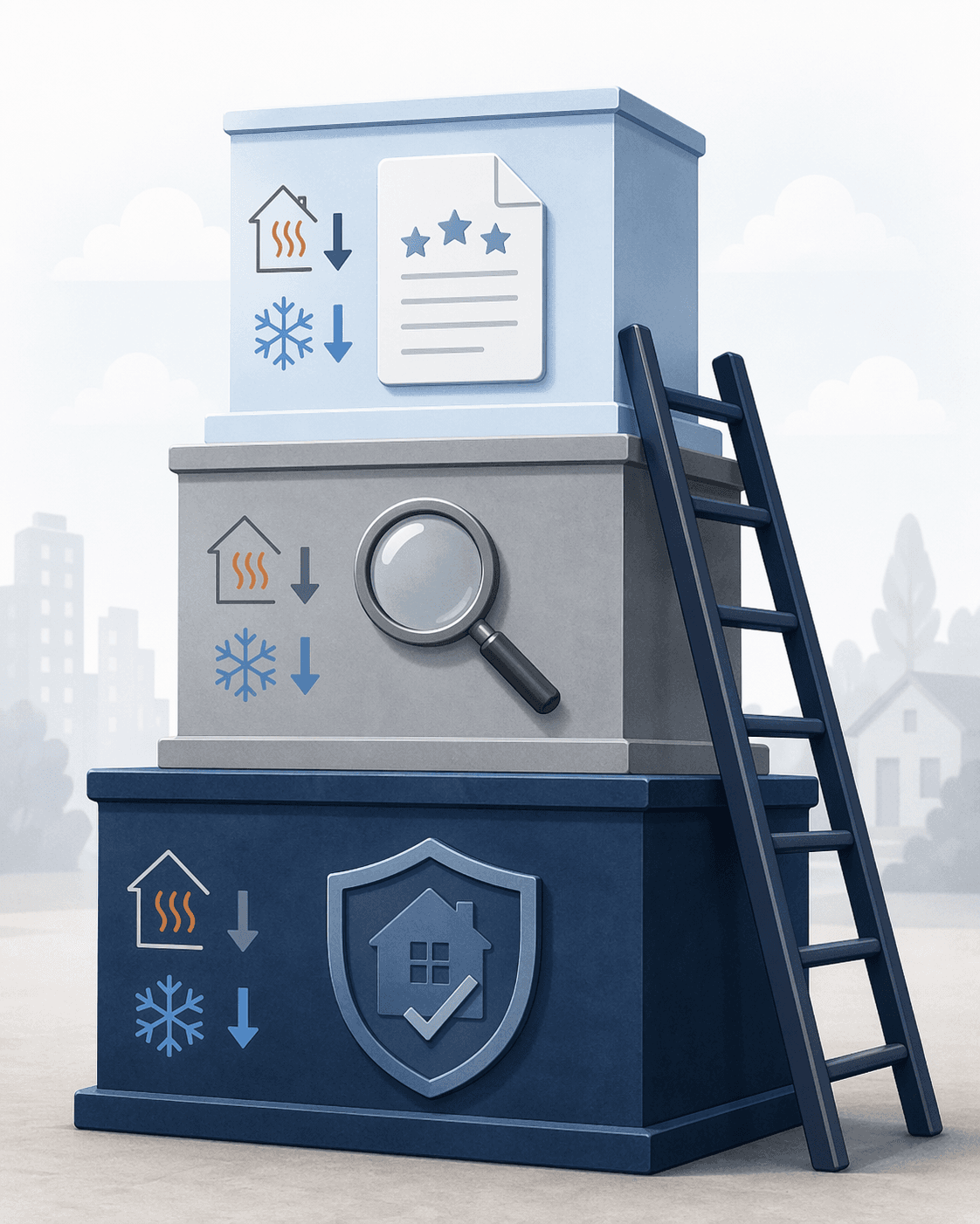 Evidence hierarchy ladder showing ENERGY STAR baseline data, independent studies, and manufacturer savings claims