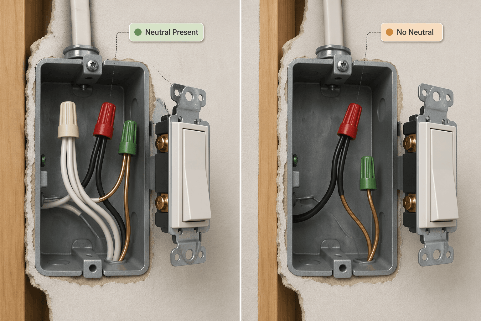 Comparison of switch boxes with neutral present and no neutral wiring