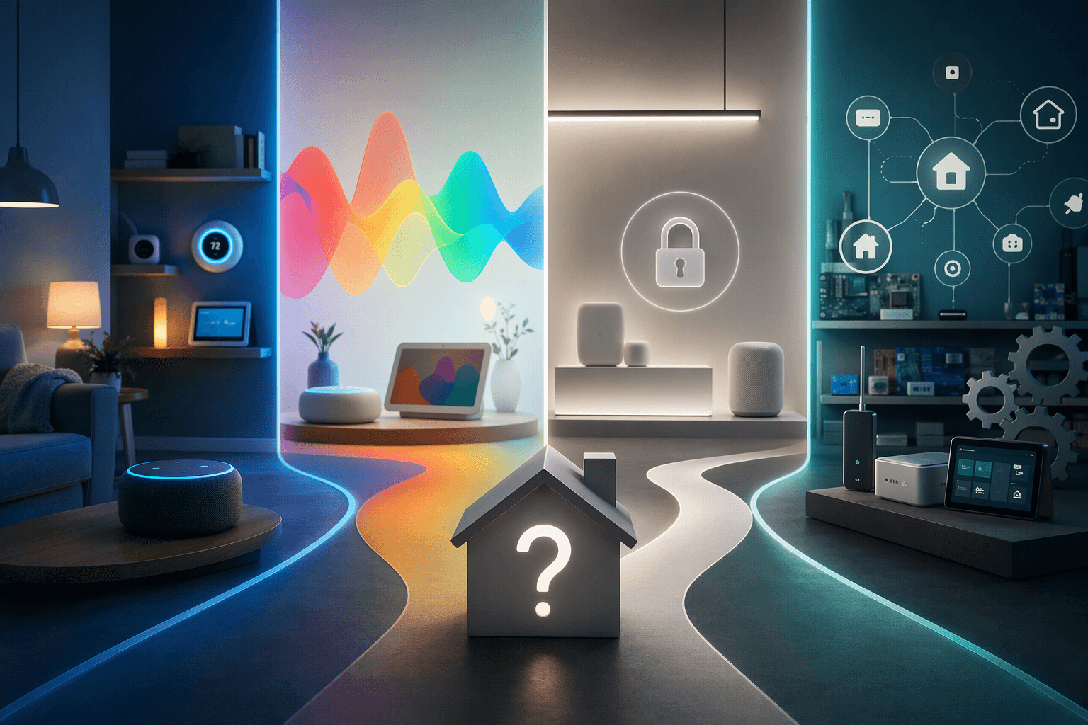 Four smart home ecosystem worlds representing Alexa, Google, Apple HomeKit, and Home Assistant