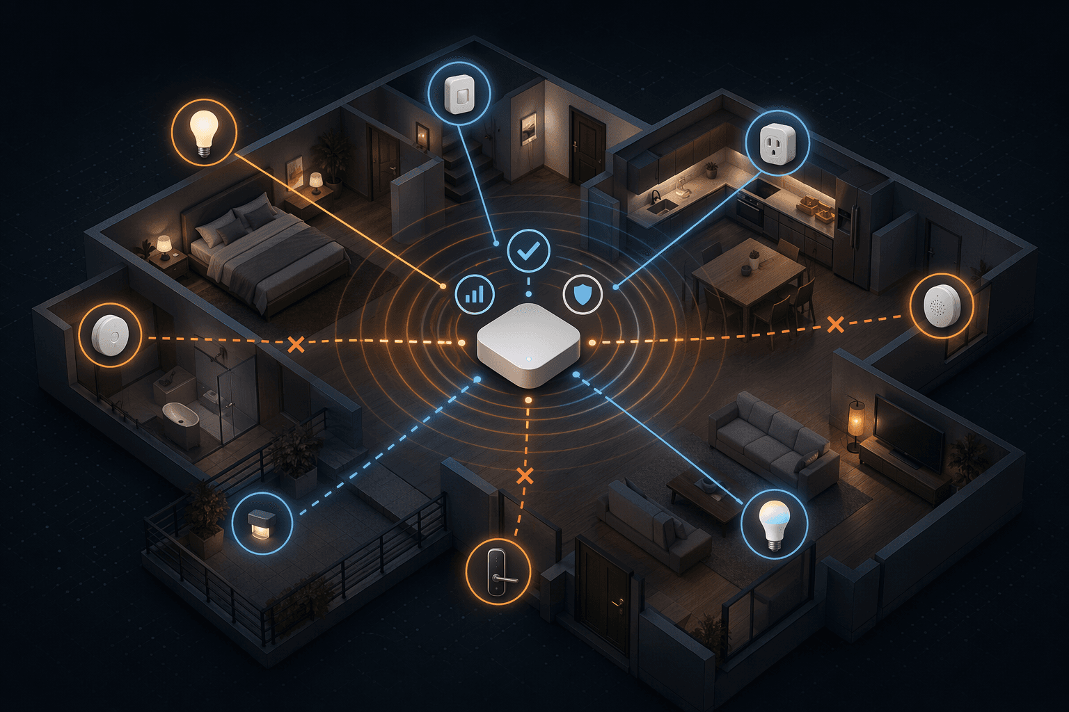 Home floor plan with a central Zigbee hub, connected smart devices, broken signal paths, and diagnostic check icons