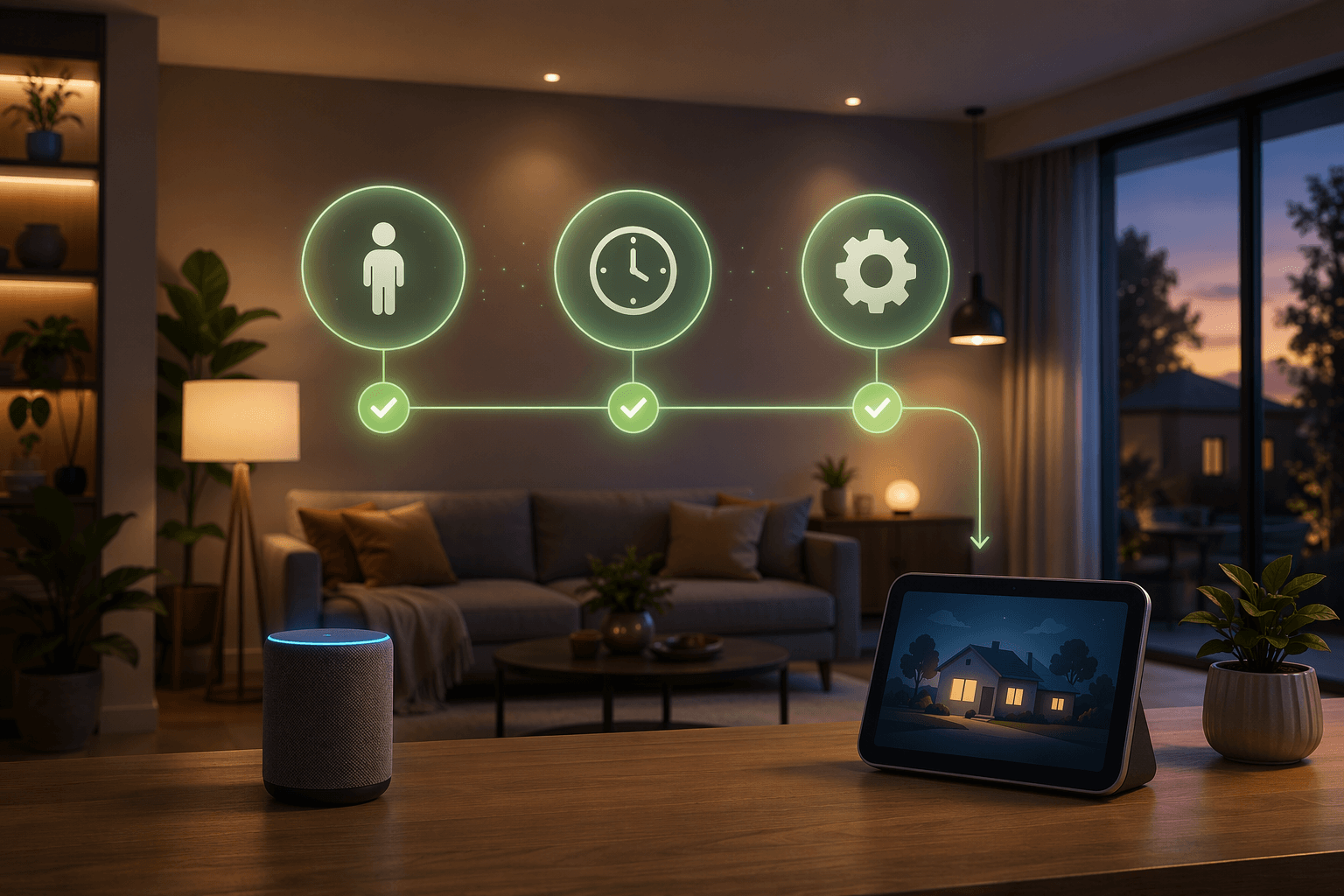 Modern living room with smart lights, a smart speaker, and a smart display, with presence, time window, and device state icons filtering an automation path.