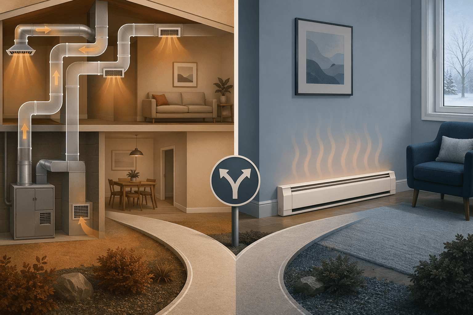 Split illustration comparing central forced-air ductwork with electric baseboard heating
