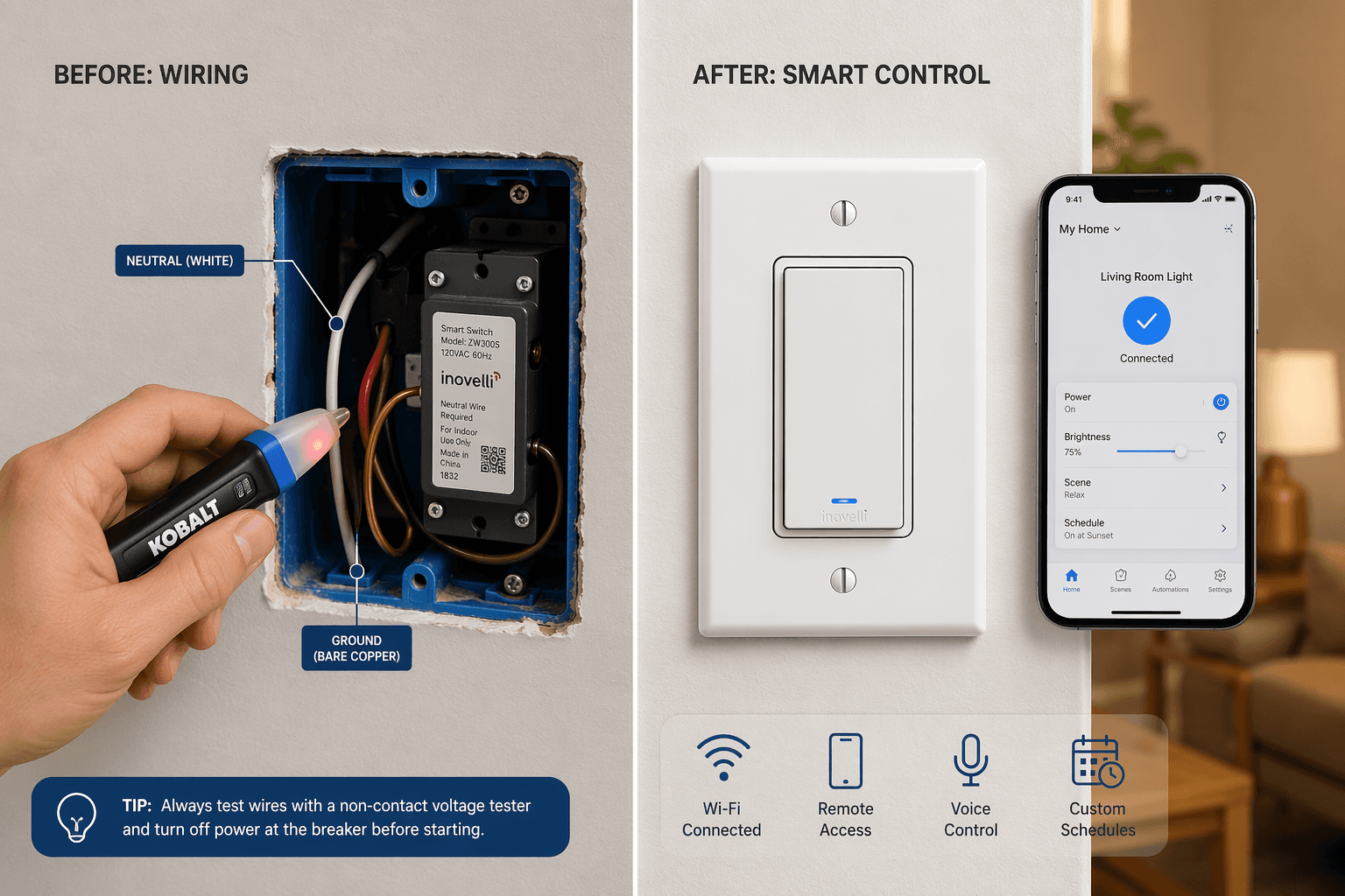 Split cross-section of a residential wall: left half shows a hand holding a non-contact voltage tester near exposed wires in an open electrical box with the white neutral wire and bare copper ground wire visible; right half shows a completed white smart switch installed flush against drywall with a floating smartphone displaying a smart home app interface. Warm residential tones with painted drywall, subtle wood grain, accent blue.