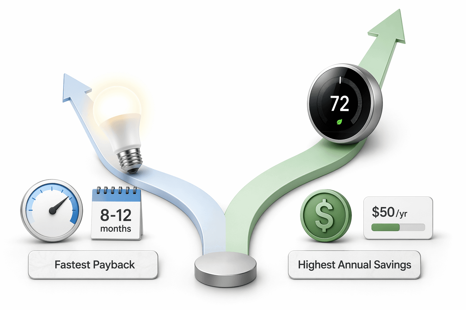 Comparison of smart lighting as the fastest payback path and a smart thermostat as the highest annual savings path