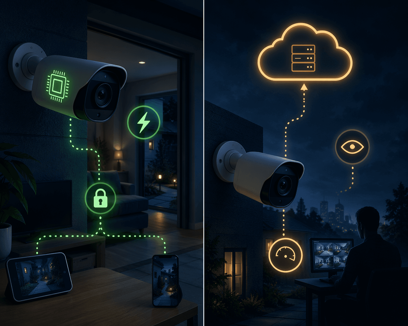 Comparison of local AI processing that keeps data in the home and cloud-dependent processing that sends footage to a cloud service