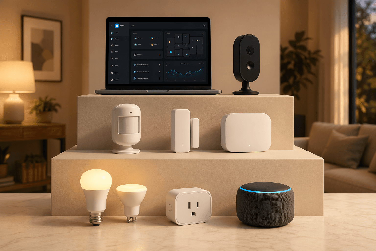 Three-tier smart home automation progression from basic bulbs and plugs to sensors and hubs to a Home Assistant dashboard